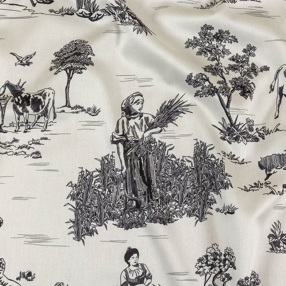 Black and White Classic Toile de Jouy Mercerized Organic Egyptian Cotton Shirting