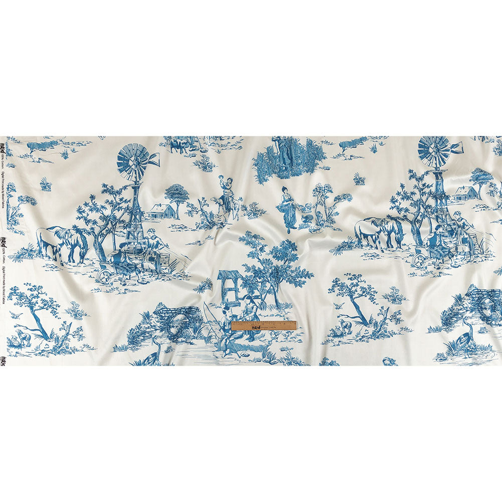 Cobalt and White Classic Toile de Jouy Mercerized Organic Egyptian Cotton Shirting