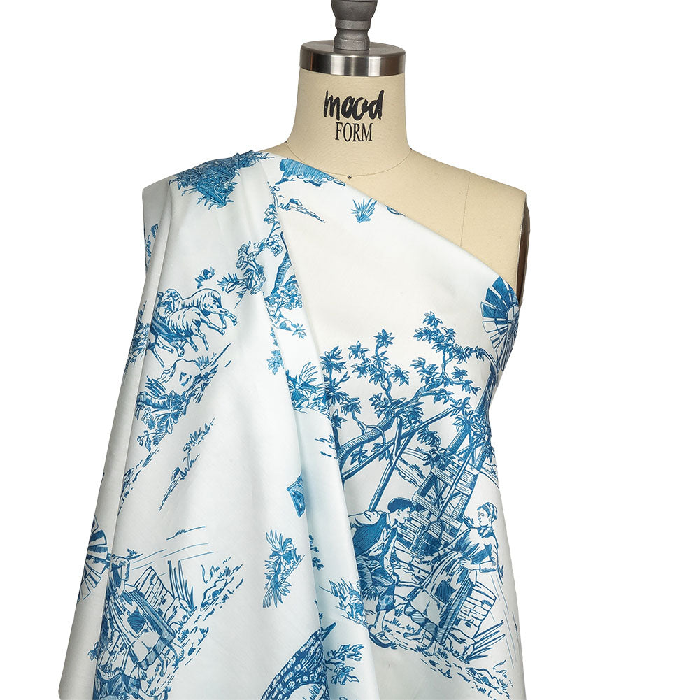 Cobalt and White Classic Toile de Jouy Mercerized Organic Egyptian Cotton Shirting
