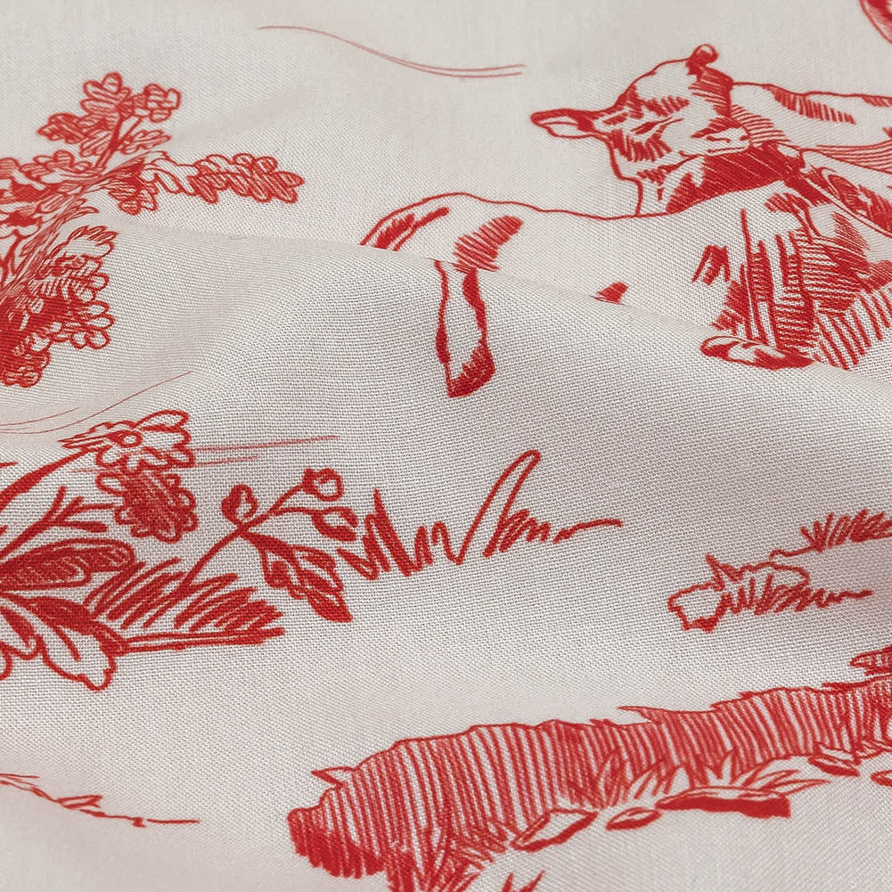Cherry Tomato and White Classic Toile de Jouy Viscose Batiste Detail