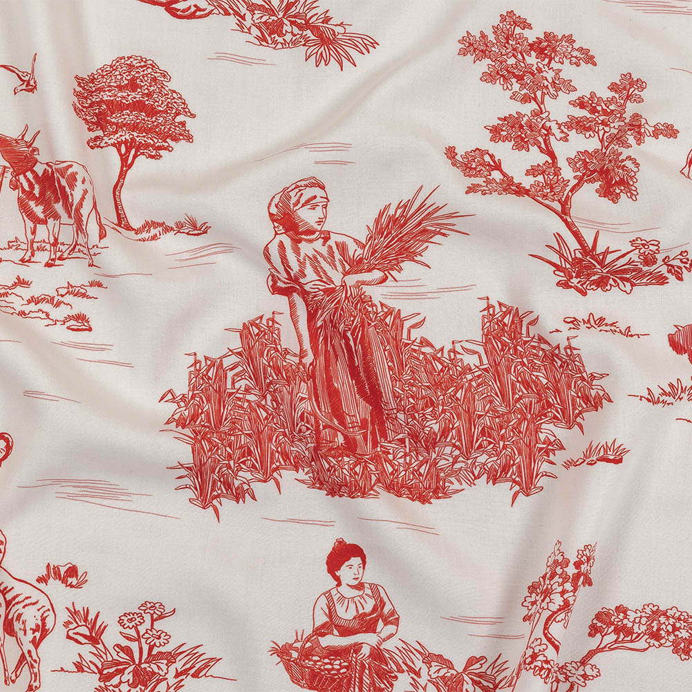 Cherry Tomato and White Classic Toile de Jouy Viscose Batiste