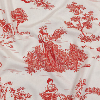 Cherry Tomato and White Classic Toile de Jouy Viscose Batiste