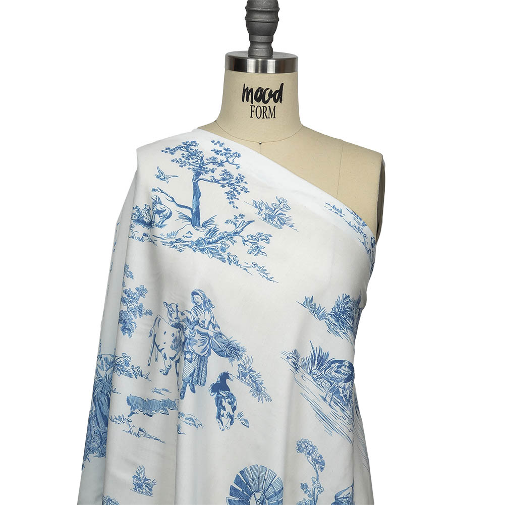 Cobalt and White Classic Toile de Jouy Viscose Batiste Drape