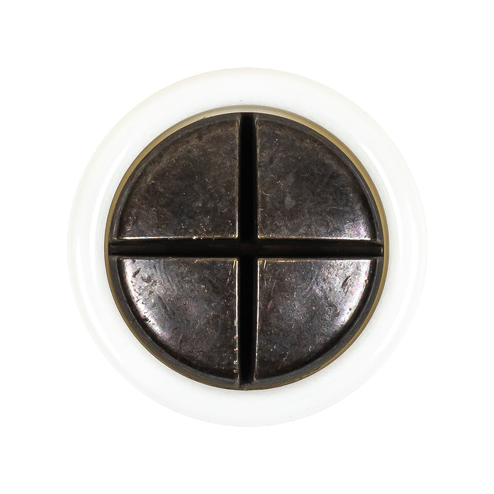 Italian White and Antique Bronze Plus Sign Plastic Shank Back Button - 44L/28mm
