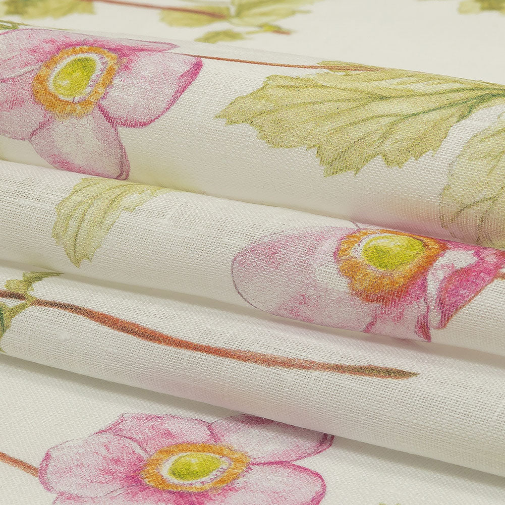 Pink, Green and White Anemone Flower Medium Weight Linen Woven Folded