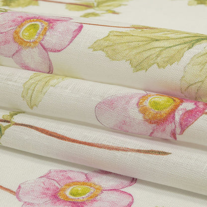 Pink, Green and White Anemone Flower Medium Weight Linen Woven Folded