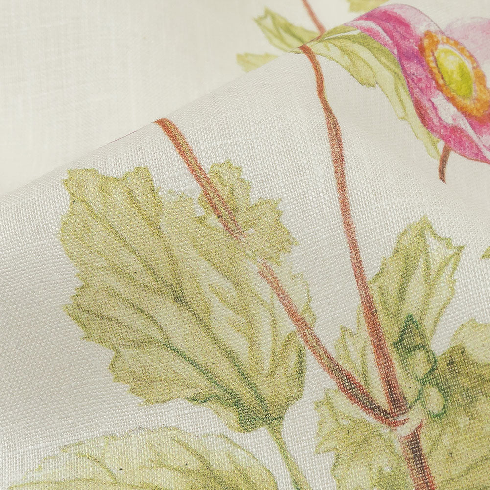 Pink, Green and White Anemone Flower Medium Weight Linen Woven Detail