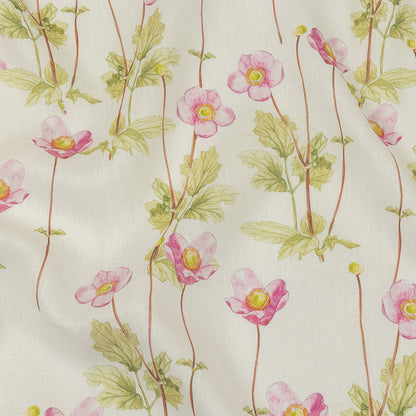 Pink, Green and White Anemone Flower Medium Weight Linen Woven