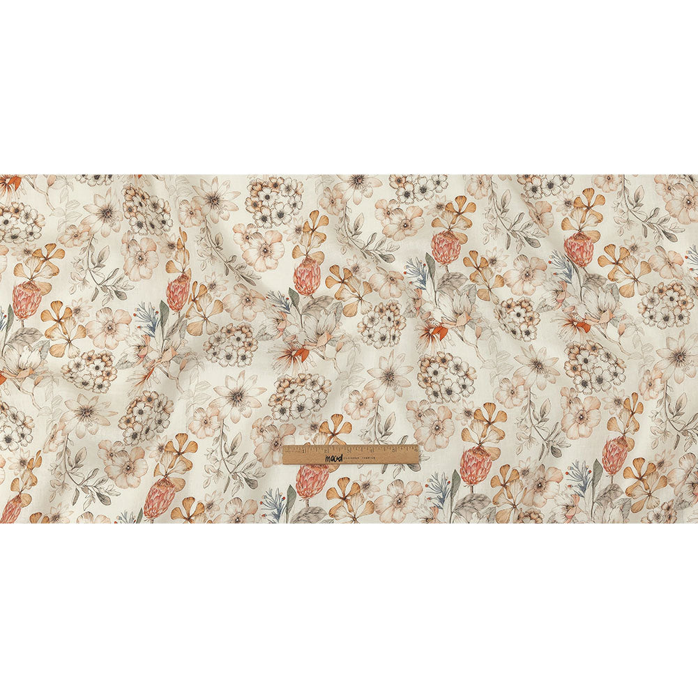 Peach, Red and White Floral Lightweight Linen Woven Full