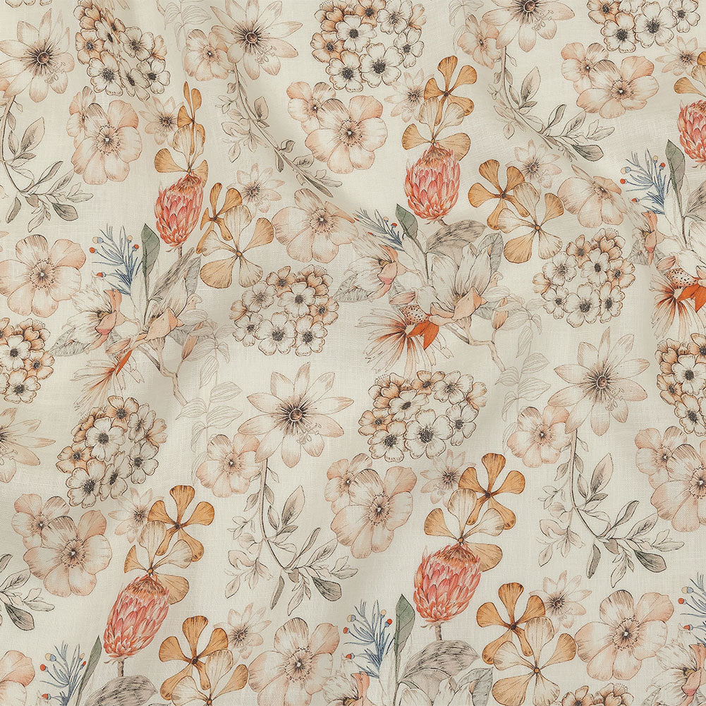Peach, Red and White Floral Lightweight Linen Woven