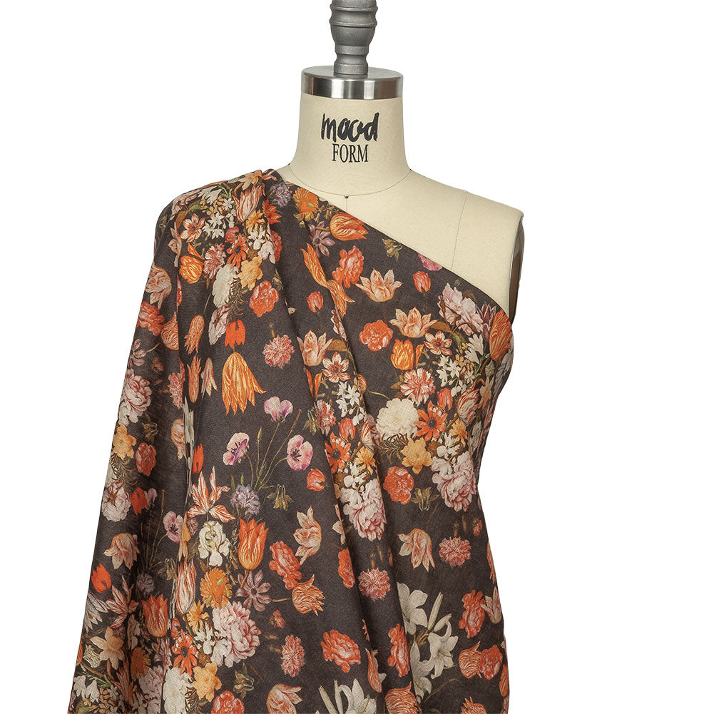 Red, Orange and Dark Brown Bouquets Lightweight Linen Woven Drape