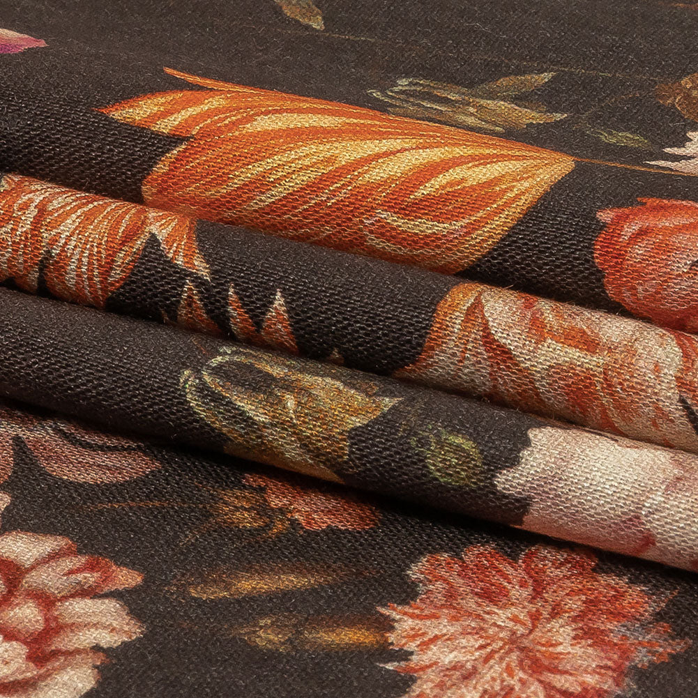 Red, Orange and Dark Brown Bouquets Stretch Linen and Rayon Woven Folded