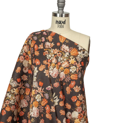 Red, Orange and Dark Brown Bouquets Stretch Linen and Rayon Woven Drape