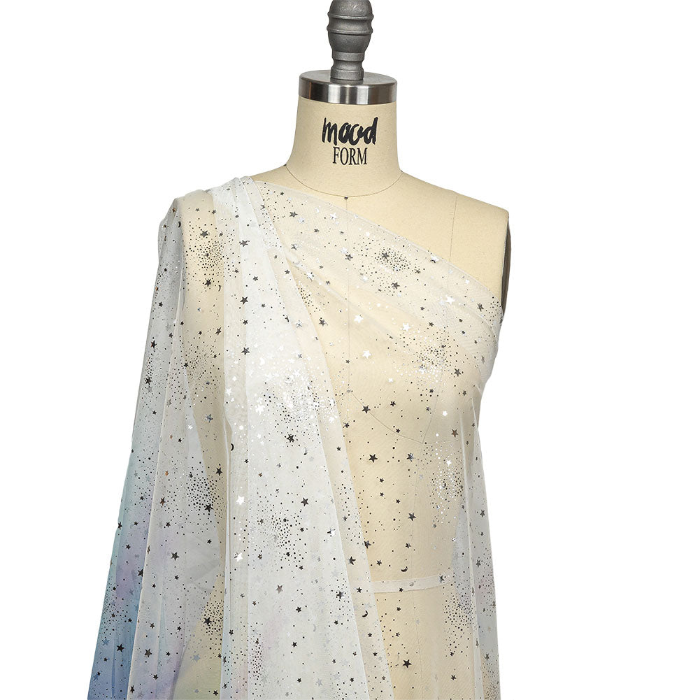 Blue, White and Silver Starry Border Printed Tulle - Drape