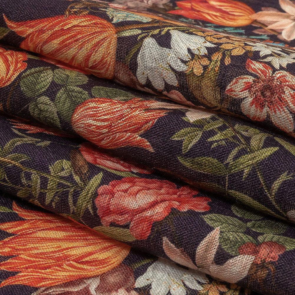 Red, Orange and Eggplant Bouquets Lightweight Linen Woven Folded