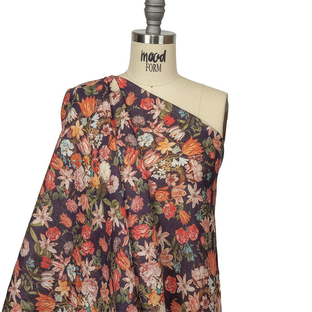 Red, Orange and Eggplant Bouquets Lightweight Linen Woven Drape