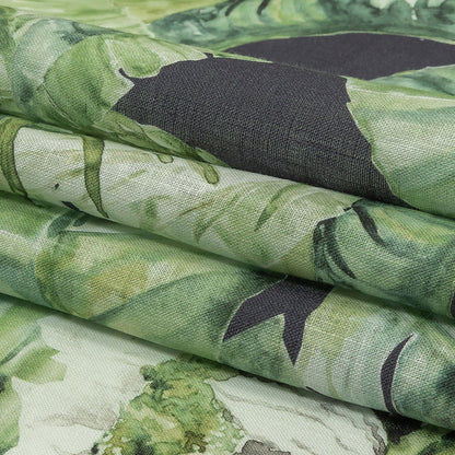 Green and Navy Succulent Leaves Medium Weight Linen Woven Folded
