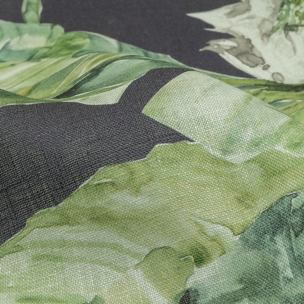 Green and Navy Succulent Leaves Medium Weight Linen Woven Detail