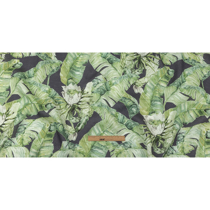 Green and Navy Succulent Leaves Medium Weight Linen Woven Full