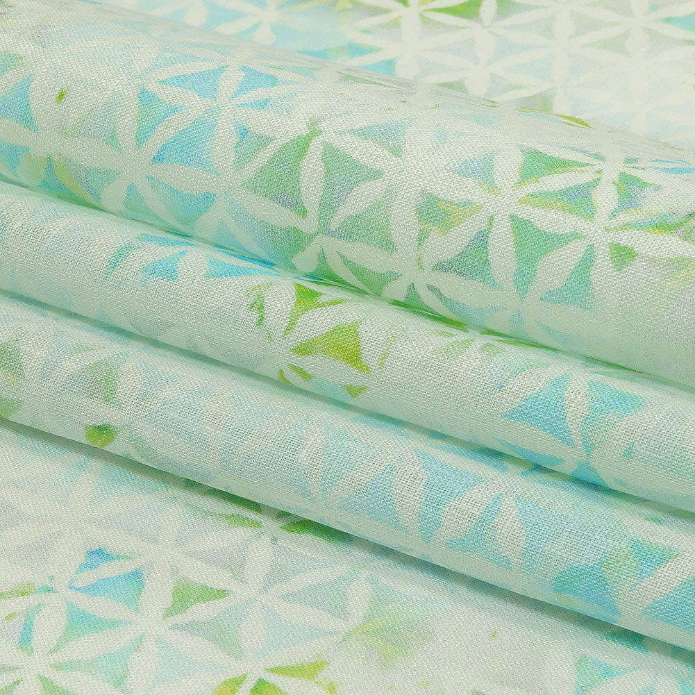 Turquoise, Lime and White Floral Geometry Medium Weight Linen Woven Folded