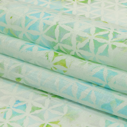 Turquoise, Lime and White Floral Geometry Medium Weight Linen Woven Folded