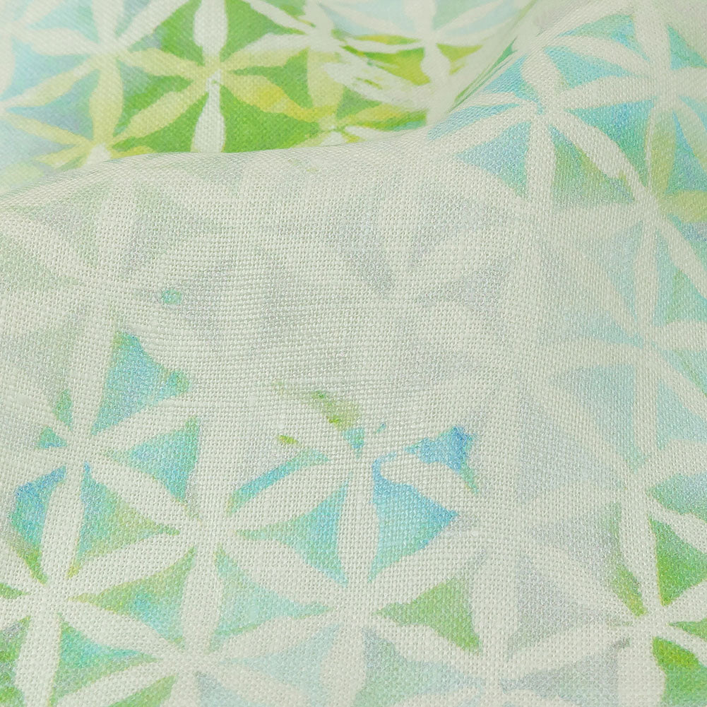 Turquoise, Lime and White Floral Geometry Medium Weight Linen Woven Detail