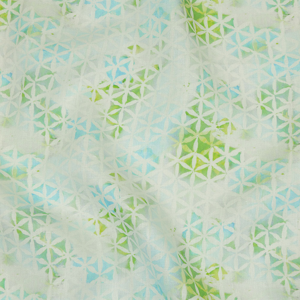 Turquoise, Lime and White Floral Geometry Medium Weight Linen Woven