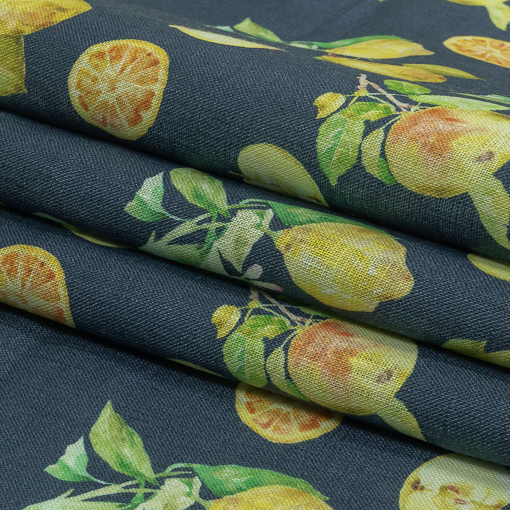 Navy and Green Apples, Pears and Oranges Medium Weight Linen Woven Folded