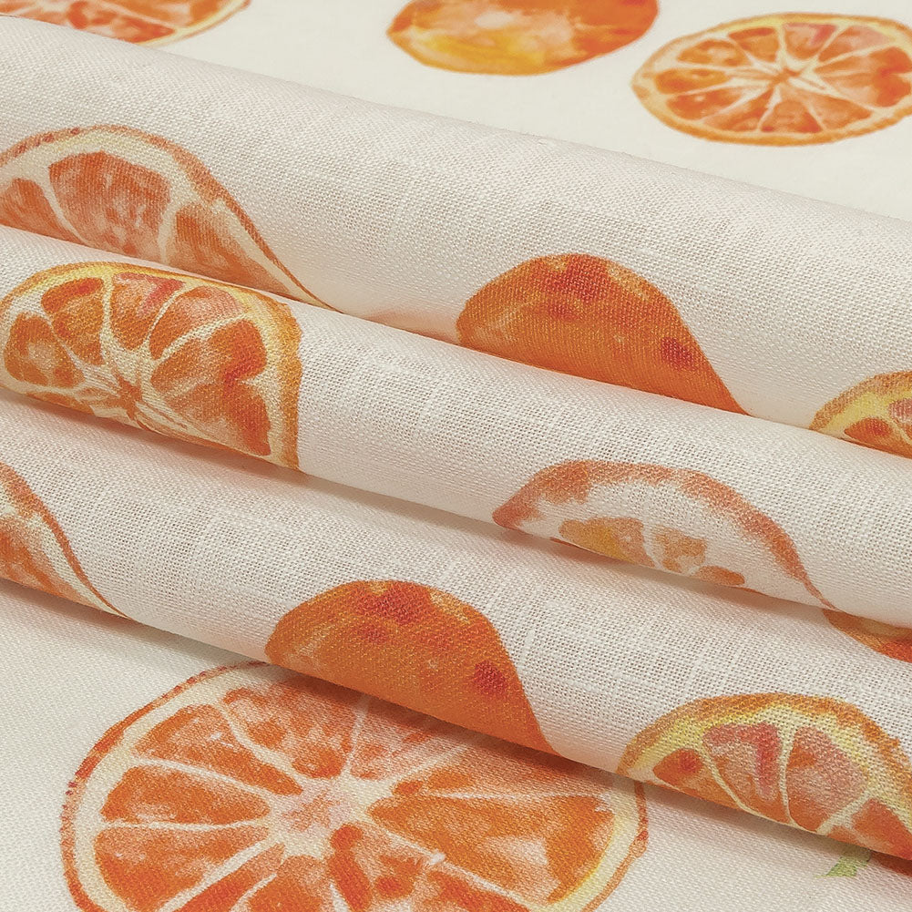 White, Orange and Green Citrus Medium Weight Linen Woven Folded