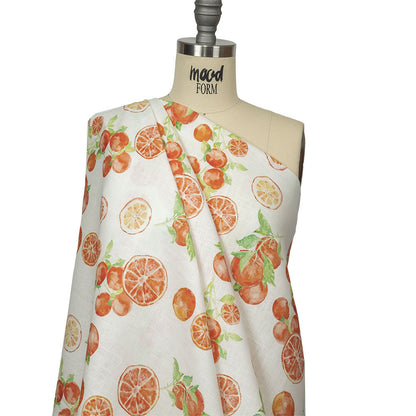 White, Orange and Green Citrus Medium Weight Linen Woven Drape