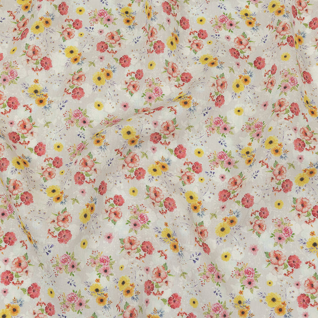 Pink, Yellow and Gray Wildflowers Medium Weight Linen Woven