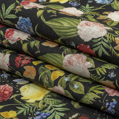 Black, Pink and Yellow Butterfly Garden Medium Weight Linen Woven Folded