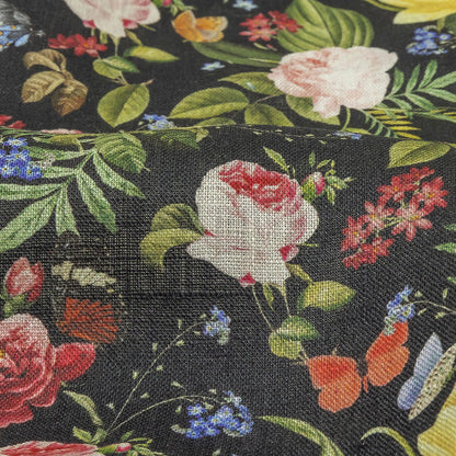 Black, Pink and Yellow Butterfly Garden Medium Weight Linen Woven Detail