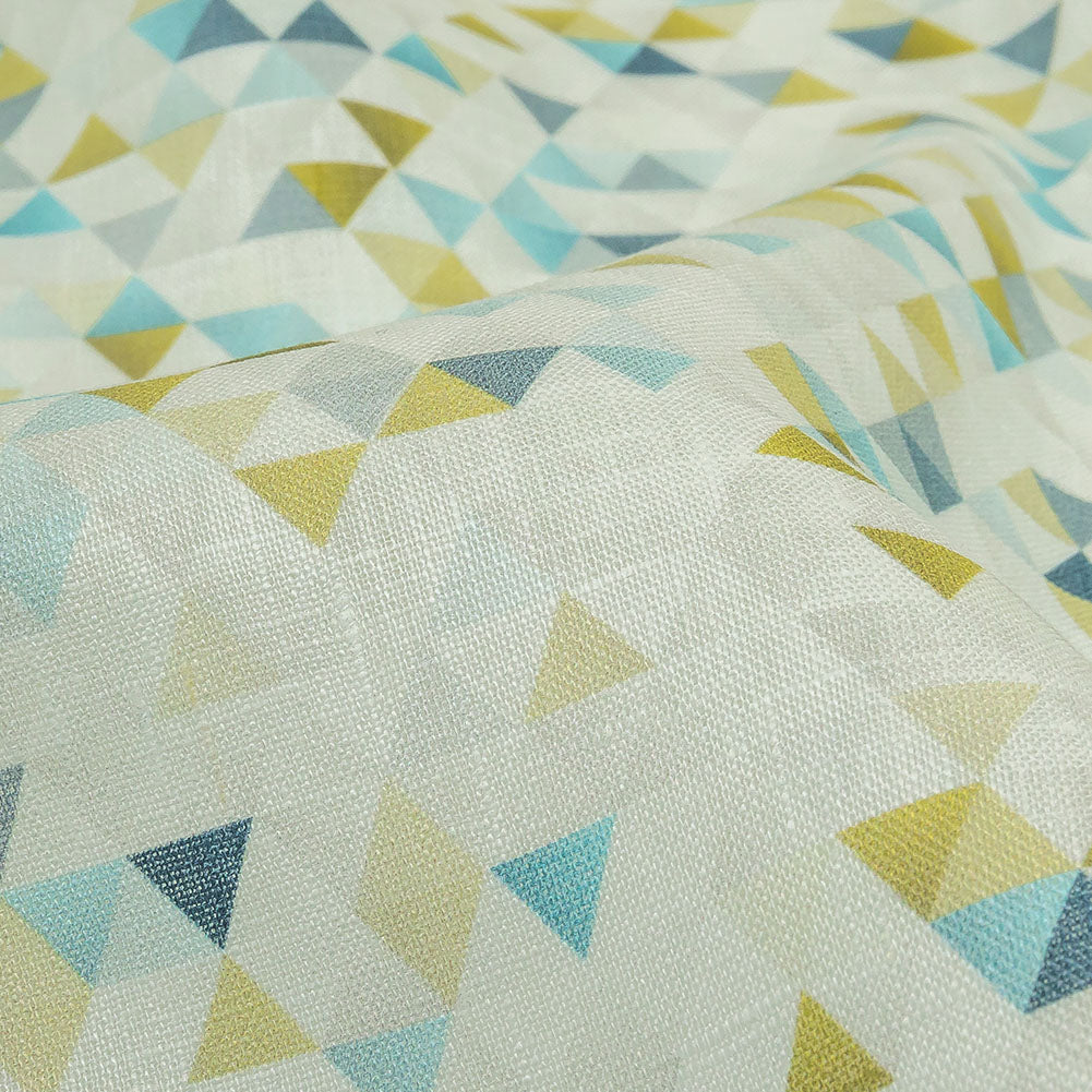 Blue, Lime and White Triangles Medium Weight Linen Woven Detail