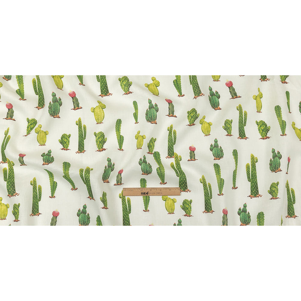 Green and Ivory Cactuses Medium Weight Linen Woven Full