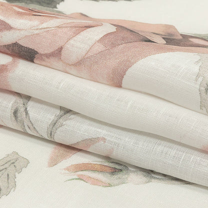 Dusty Pink, Gray and White Roses Medium Weight Linen Woven Folded