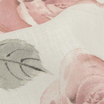 Dusty Pink, Gray and White Roses Medium Weight Linen Woven Detail