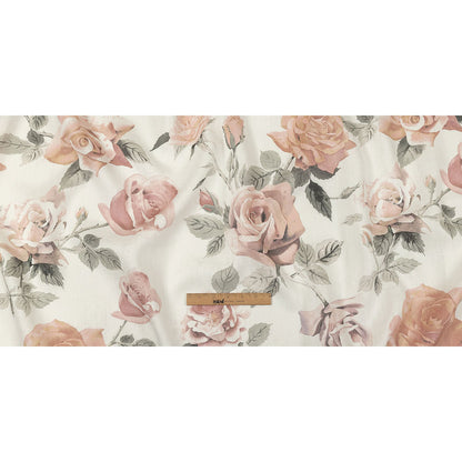 Dusty Pink, Gray and White Roses Medium Weight Linen Woven Full