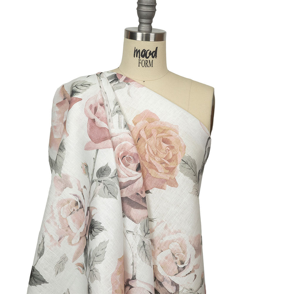 Dusty Pink, Gray and White Roses Medium Weight Linen Woven Drape