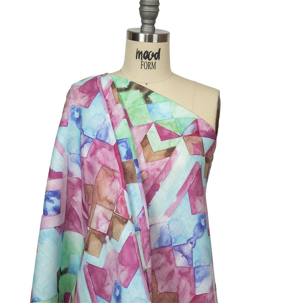 Pink, Blue and Green Watercolor Geometrics Medium Weight Linen Woven - Drape