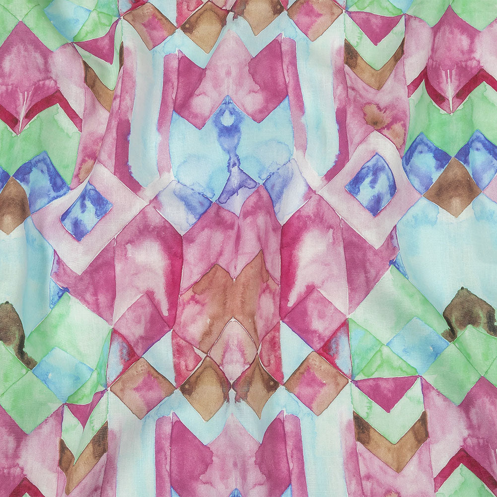 Pink, Blue and Green Watercolor Geometrics Medium Weight Linen Woven