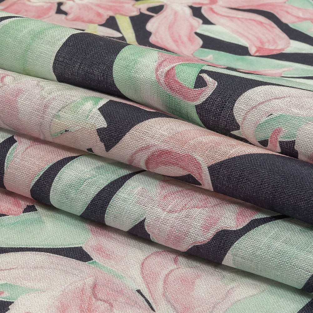 Pink, Green and Black Lilies Medium Weight Linen Woven Folded