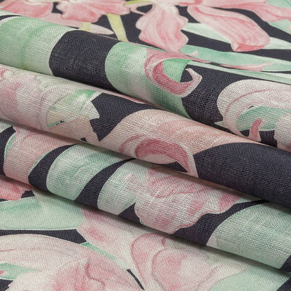 Pink, Green and Black Lilies Medium Weight Linen Woven Folded