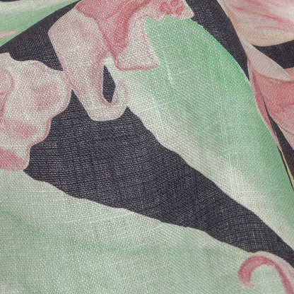 Pink, Green and Black Lilies Medium Weight Linen Woven Detail