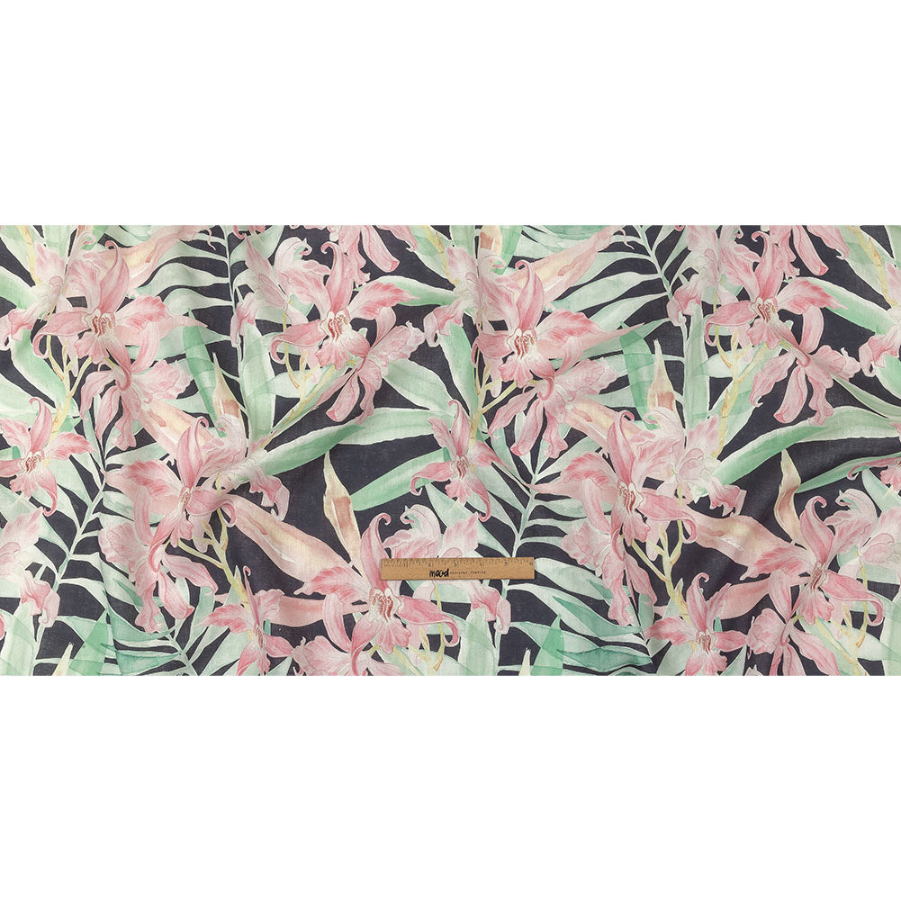 Pink, Green and Black Lilies Medium Weight Linen Woven Full