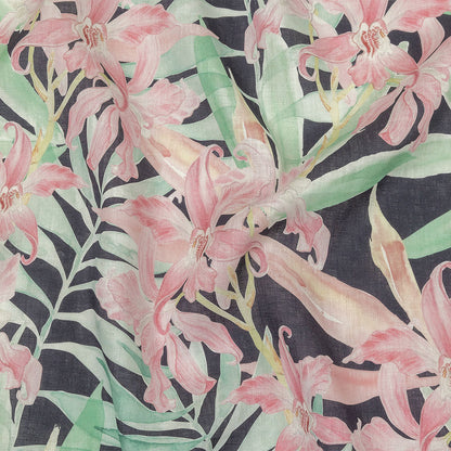 Pink, Green and Black Lilies Medium Weight Linen Woven