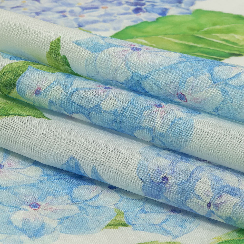 Blue, Green and White Hydrangeas Medium Weight Linen Woven Folded