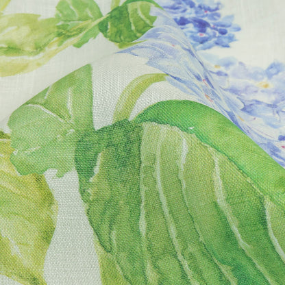 Blue, Green and White Hydrangeas Medium Weight Linen Woven Detail
