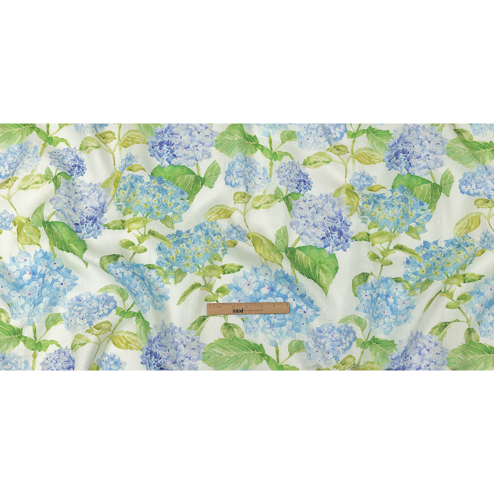 Blue, Green and White Hydrangeas Medium Weight Linen Woven Full