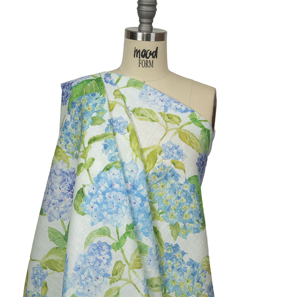 Blue, Green and White Hydrangeas Medium Weight Linen Woven Drape